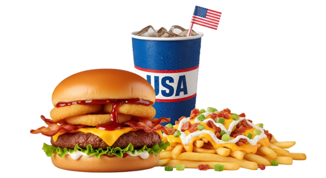 Delicious burger with onion rings bacon and cheese next to fries and a drink with usa flag