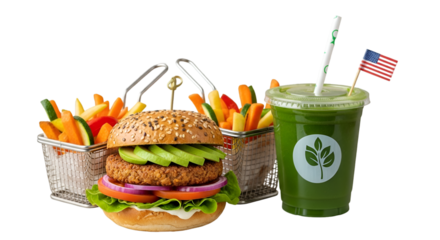 Delicious vegan burger with avocado and fresh green juice for a healthy lifestyle