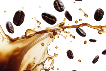 A dynamic splash of coffee with flying coffee beans against a white background. capturing the essence of freshness and energy. ideal for beverage advertisements or culinary blogs