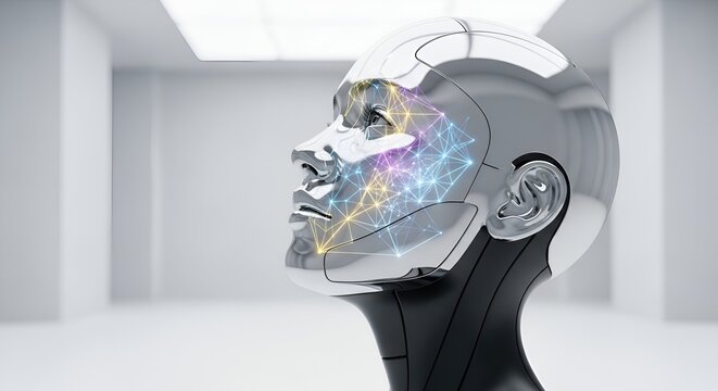 Chrome android head with glowing network on face stands in a white futuristic corridor