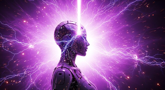 Futuristic cyborg headshot illuminated by bright purple lightning and intense energy beams