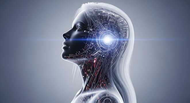 A cyborg female profile with visible technology inside, showing a futuristic humanoid design.