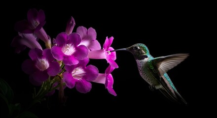 Fototapeta premium Hummingbird delicately approaches vibrant purple flowers in dark, contrasted, elegant composition.