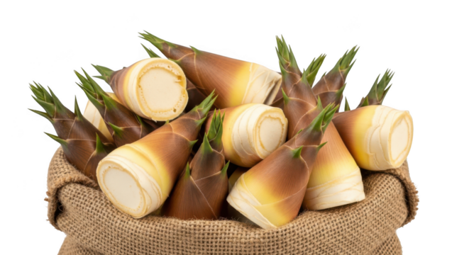 Fresh bamboo shoots in burlap bag isolated on transparent background