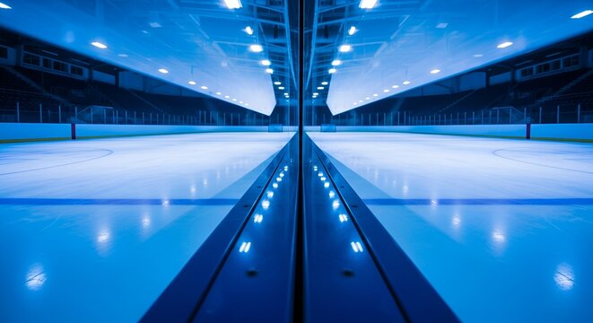 Symmetrical view of an ice hockey rink, showcasing the ice surface and surrounding seating areas.