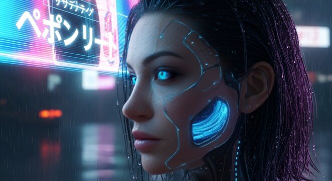 Cyberpunk woman gazes pensively into a neon-lit, rain-soaked cityscape, embodying futuristic beauty