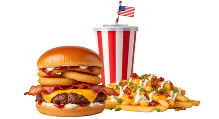 Delicious burger with onion rings and bacon next to loaded fries and a striped soda cup