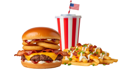 Delicious burger with onion rings and bacon next to loaded fries and a striped soda cup