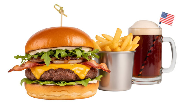 Delicious cheeseburger with bacon and fries next to a mug of beer with american flag
