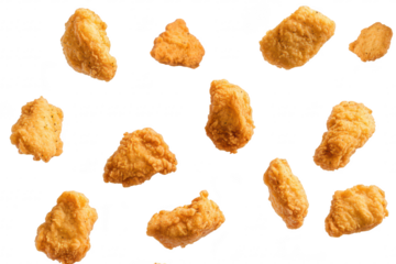 A collection of crispy. golden-brown fried chicken pieces scattered against a clean white background. ideal for food-related marketing. recipe books. or culinary blogs
