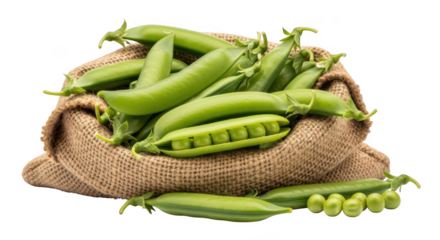 Fresh green peas in a burlap sack isolated on transparent background
