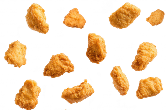 A collection of crispy. golden-brown fried chicken pieces scattered against a clean white background. ideal for food-related marketing. recipe books. or culinary blogs