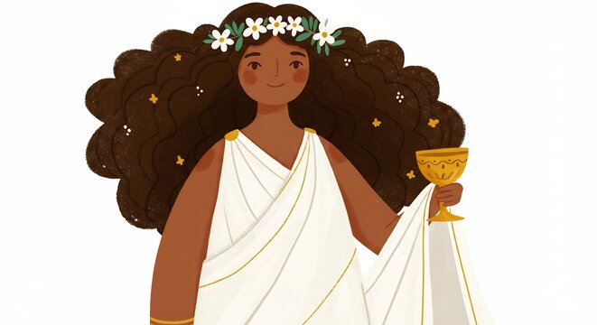 Graceful woman with flower crown and white toga dress holds golden cup in serene stylized artwork. AI Generated