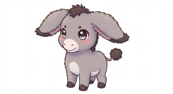 Adorable cartoon donkey foal eagerly stands with big expressive eyes on a clean white background isolated view. AI Generated - Powered by Adobe