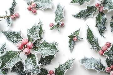Festive holly sprigs with pink berries and snowflakes on white background
