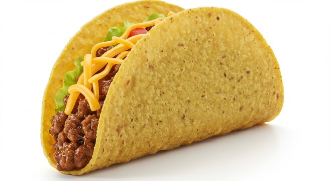 Perfectly lit crispy taco shell filled with savory ground beef fresh lettuce and melted cheddar cheese isolated on white. AI Generated