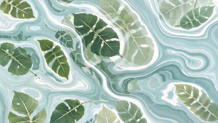 Zielone liście unoszące się na wodzie w artystycznym stylu