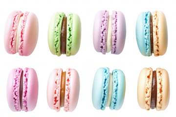 A arrangement of colorful macarons in various pastel shades. their delicate texture and filling. set against a clean white background. ideal for culinary blogs or dessert menus