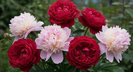 Fototapeta premium Lush red and soft pink peonies burst with vibrant color under gentle daylight capturing their exquisite garden beauty. AI Generated