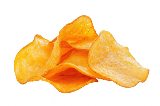A close-up view of a pile of crispy. golden potato chips arranged artistically on a white background. their texture and color. ideal for food-related content or advertisements