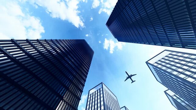 Business jets fly over financial office buildings and through the city(Produced using 3D software Lumion)