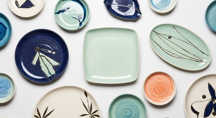 Beautifully arranged artisanal ceramic plates and bowls displaying diverse earthy hues and abstract organic patterns brightly lit. AI Generated