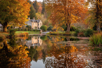 Fototapeta premium Serene Autumn Scene with House and Reflecting Water
