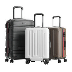 Three sets of modern suitcases on wheels and without wheels on white background