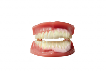 A detailed view of a realistic dental model upper and lower teeth. set against a plain background. ideal for educational purposes in dentistry or oral hygiene demonstrations