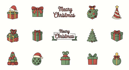 Delightful Christmas icons to spread holiday cheer, featuring vibrant gifts, trees, snowflakes, and ornaments for your festive designs and merry projects