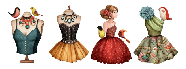 Vibrant Art Fashion Dress Forms with Birds and Floral Accents on Transparent Background