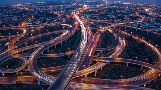 Aerial view of a complex highway interchange at dusk, showcasing light trails of traffic. The video captures urban connectivity and movement.
