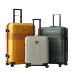 Three sets of modern suitcases on wheels and without wheels on white background
