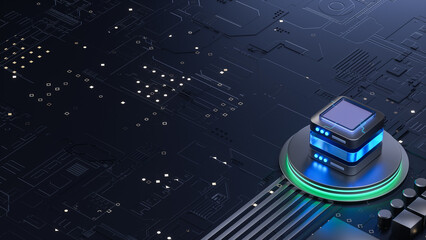 3D rendering of futuristic CPU server unit on high - tech circuit board for technology innovation and data center visual concepts