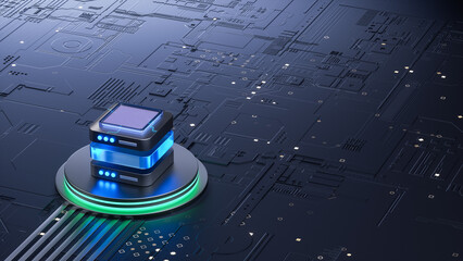 3D Rendering of Futuristic Server Stack on Circuit Board for AI and High - Tech Innovation Visuals
