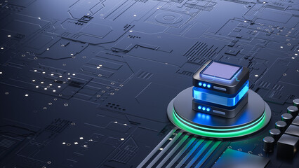 3D Rendering of Futuristic Server Stack on Circuit Board for AI and High - Tech Innovation Visuals