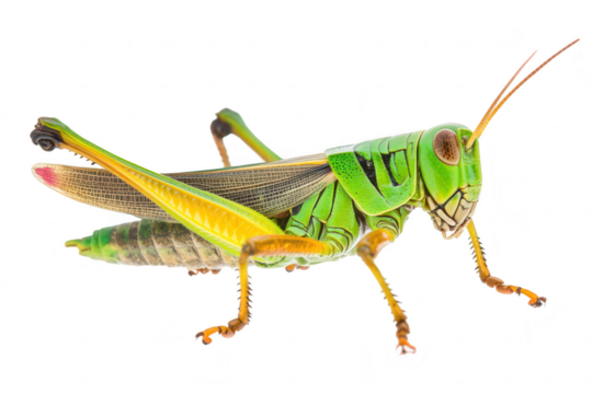 A green grasshopper perched on a white background. its intricate body structure and detailed appendages. ideal for educational materials or nature-themed projects