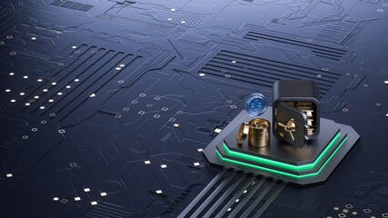 D Rendering of Fintech Security Concept Featuring Safe, Gold, and Futuristic Circuit Board for Digital Finance Visuals