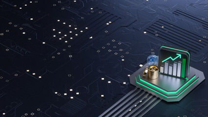 Digital art depicting futuristic finance & technology integration with 3D growth graph, currency, and circuit board for business presentations
