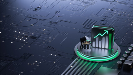 3D rendering of financial growth graph and bank icon on circuit board for fintech concept