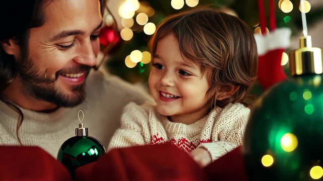 Father and child enjoy magical holiday moments by the christmas tree
