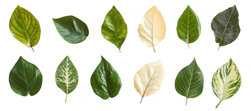 A collection of various leaves different shades of green and textures. arranged aesthetically on a white background. ideal for nature-themed projects and educational purposes