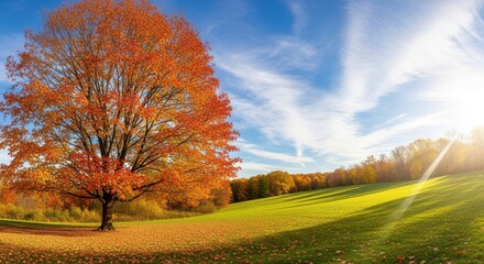 Vibrant autumn landscape featuring a solitary maple tree with brilliant orange foliage standing in a sunny green field under a bright blue sky with wispy clouds and strong sun flare