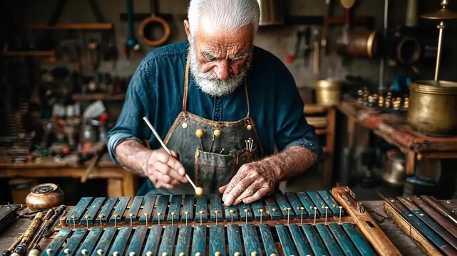 Senior craftsman playing a xylophone in his workshop, focused and skilled.