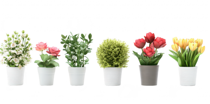 A display of various potted artificial flowers arranged in a neat row against a clean white background. perfect for home decor or interior design inspiration - Powered by Adobe