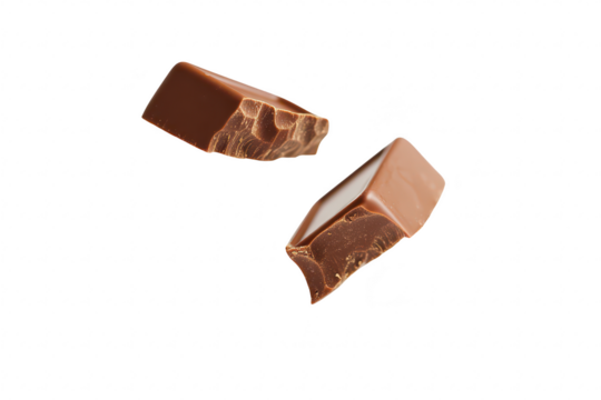 Two pieces of chocolate bar suspended in mid-air against a white background. emphasizing their smooth texture and rich color. ideal for food-related content