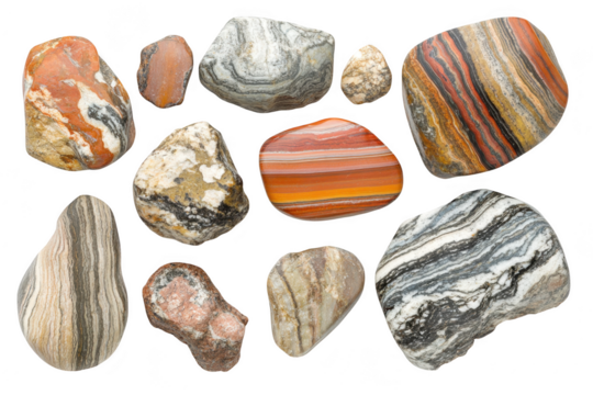 A collection of polished stones various colors and patterns. arranged artistically on a white background. ideal for educational purposes or decorative use in natural history