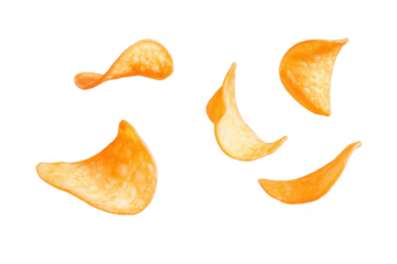 A collection of crispy. golden potato chips scattered artistically against a clean white background. perfect for food photography. advertising. or culinary presentations
