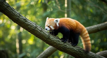 Vibrant red panda cautiously climbing a sturdy tree branch bathed in warm natural sunlight filtering through lush green foliage. AI Generated