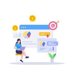 concept of Pay per click, PPC, paid advertising campaign displays ads on websites that generate revenue for publishers, Advertising or advertising, Promoting a brand to an audience, internet.